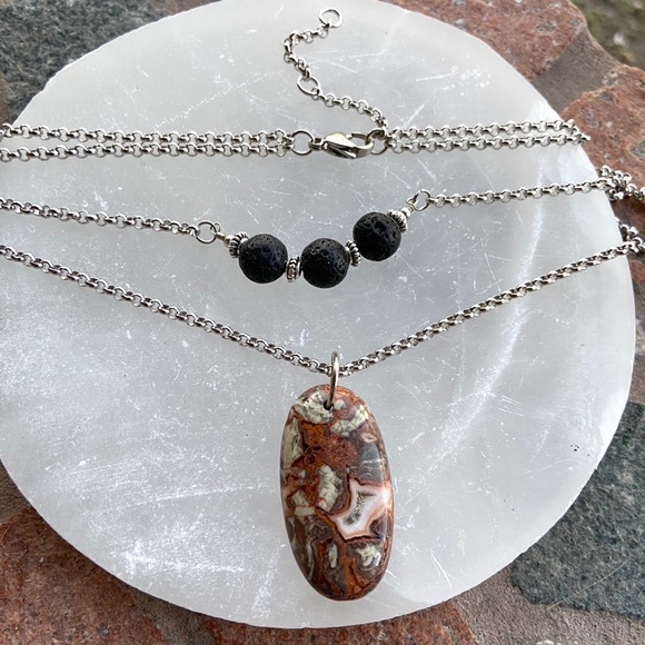 Double layer necklace lava rock red leopard jasper - Picture 2 of 11